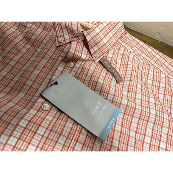 Ariat Mens Short Sleeve Button Down Classic Fit Orange Plaid Shirt Size Large - Picture 5 of 11